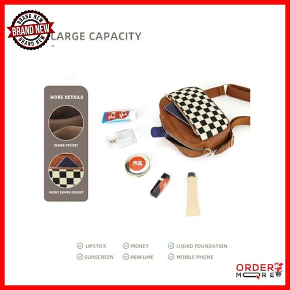 PU Leather Crossbody Bag Adjustable Strap Checkerboard Plaid Handbag - Picture 6 of 7